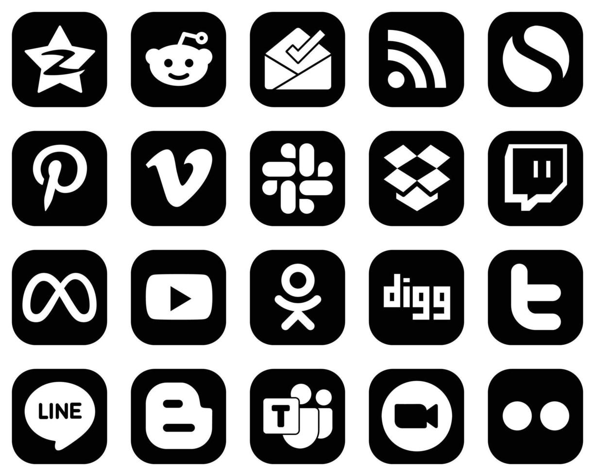 20 Clean White Social Media Icons on Black Background such as video. facebook. pinterest. meta and dropbox icons. Modern and minimalist vector