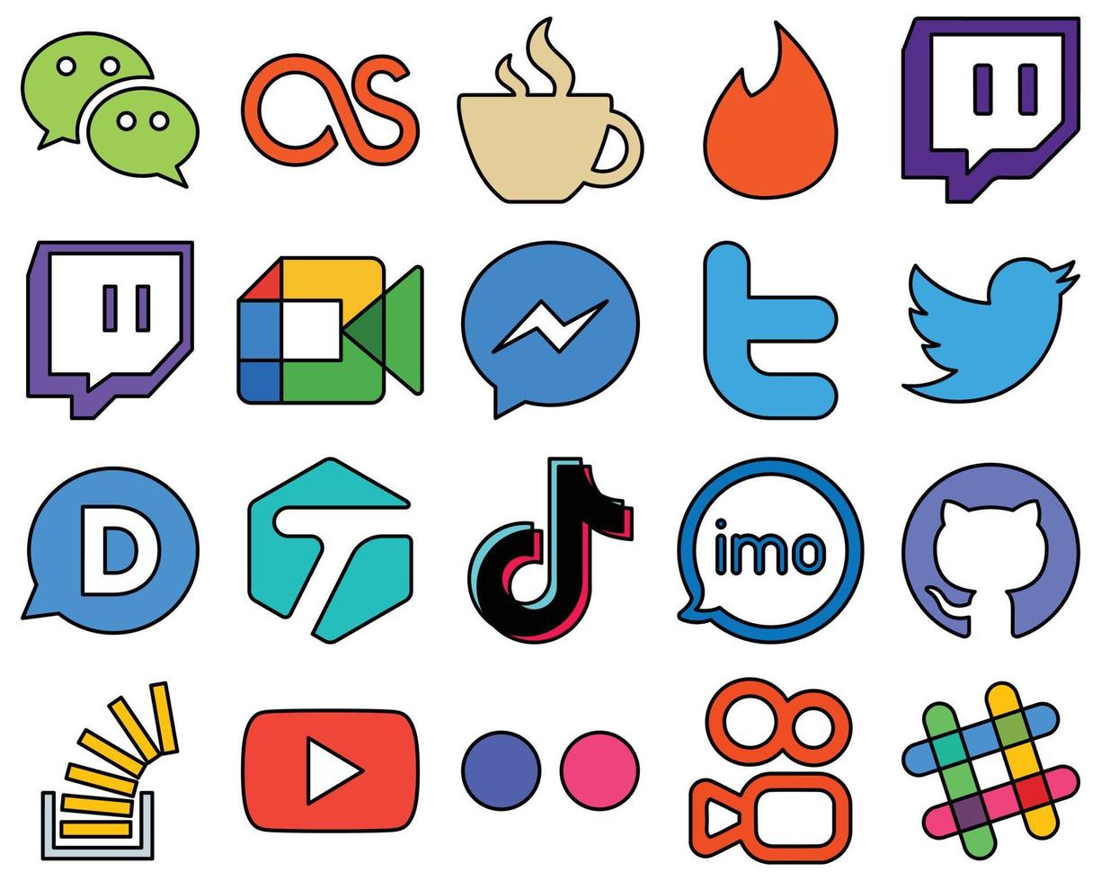 20 Versatile Line Filled Social Media Icons such as tagged. tweet. google meet. twitter and facebook Customizable and unique vector