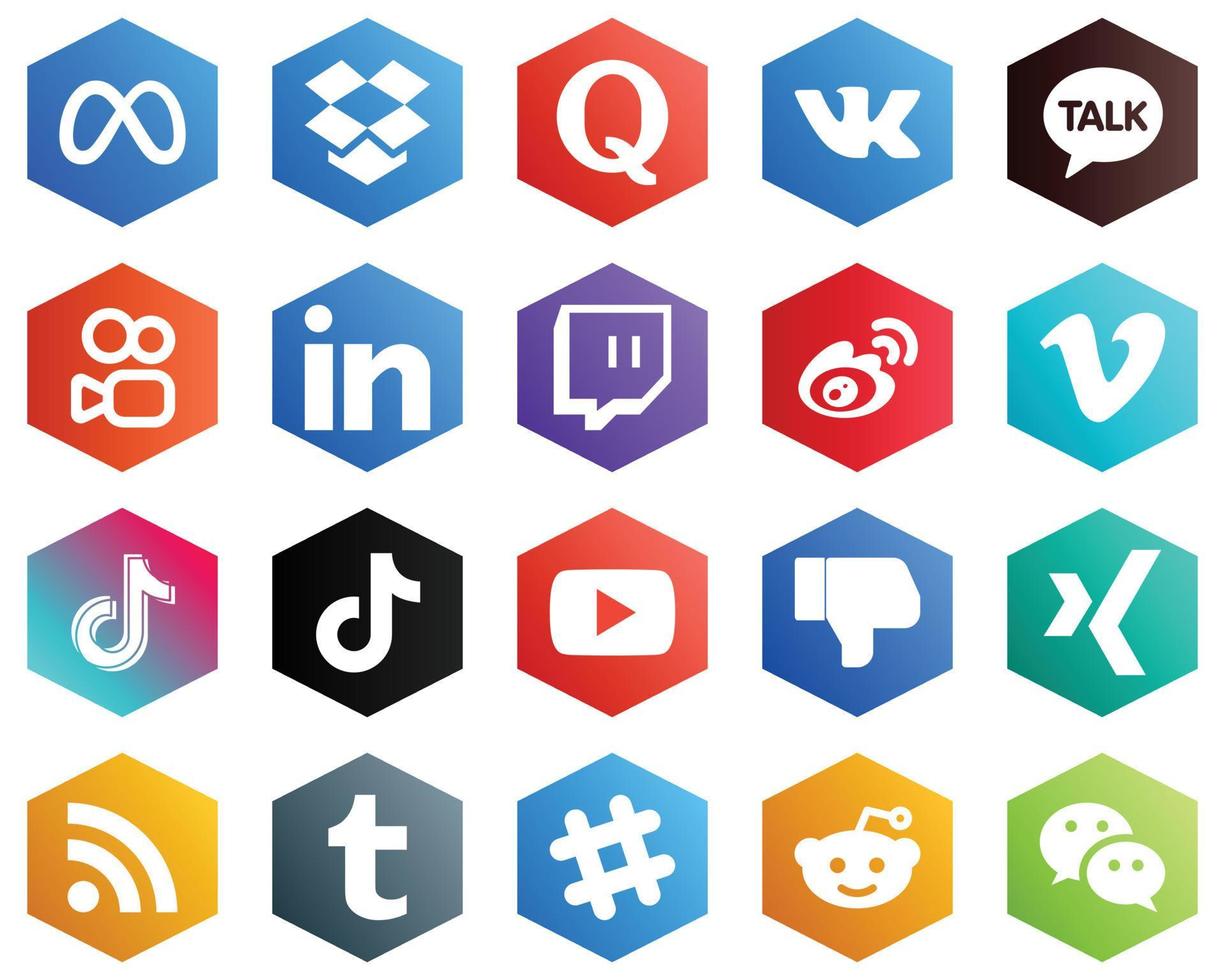 25 High-quality White Icons such as tiktok. vimeo. linkedin and sina icons. Hexagon Flat Color Backgrounds vector