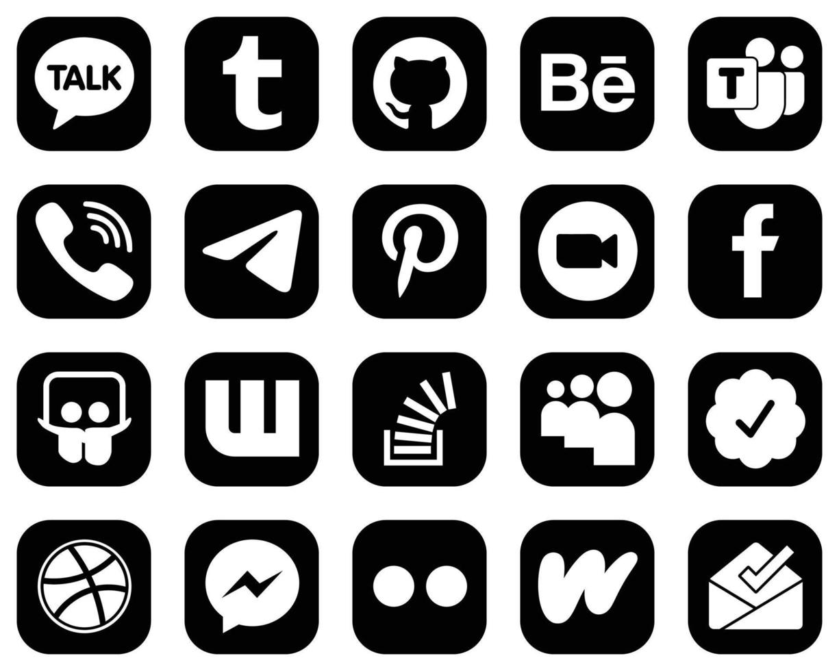 20 elegantes íconos blancos de redes sociales sobre fondo negro como facebook. reunión. iconos de video y pinterest. alta definición y versátil vector