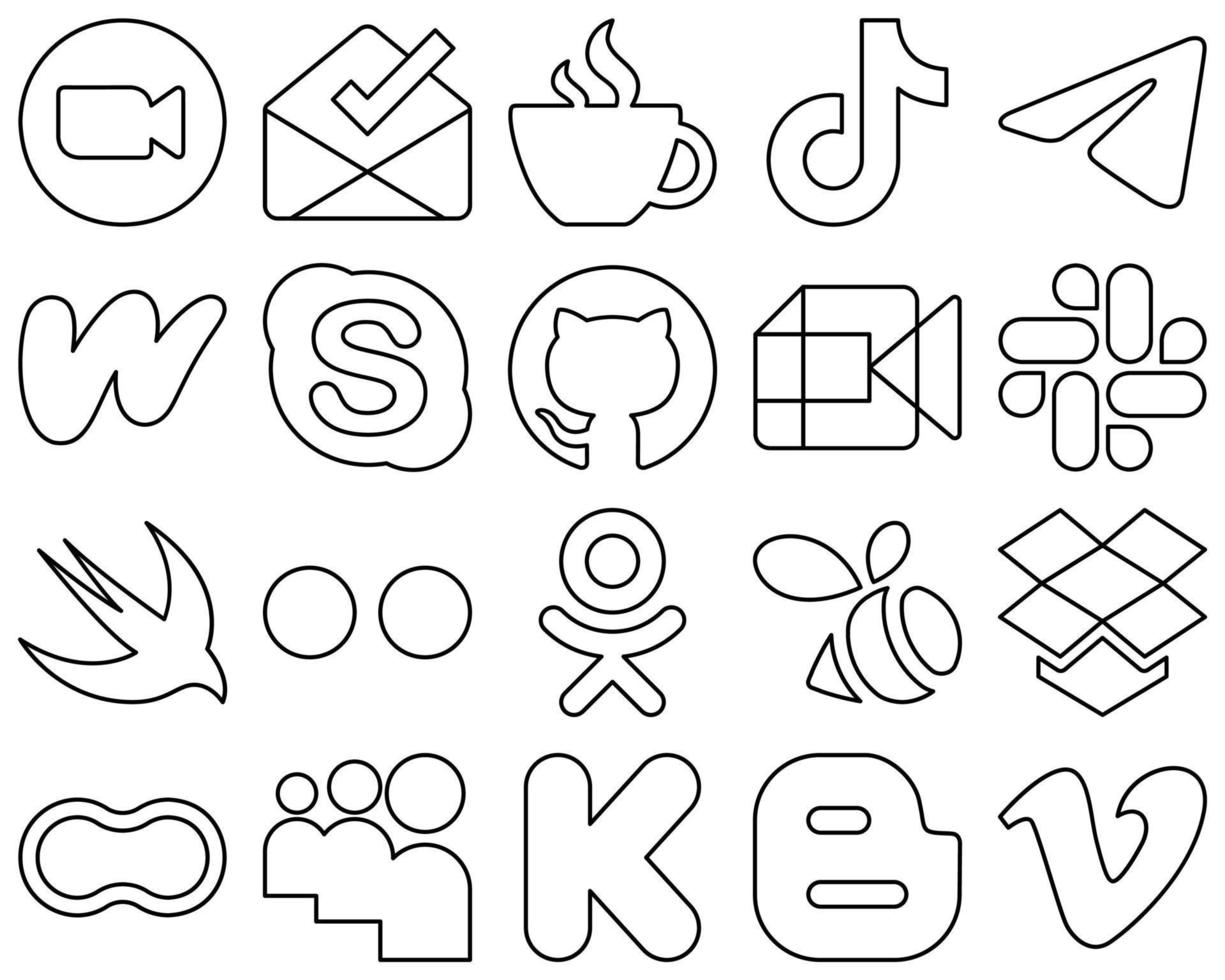 20 íconos únicos de redes sociales de línea negra, como la literatura. iconos de tiktok y messenger. elegante y minimalista vector