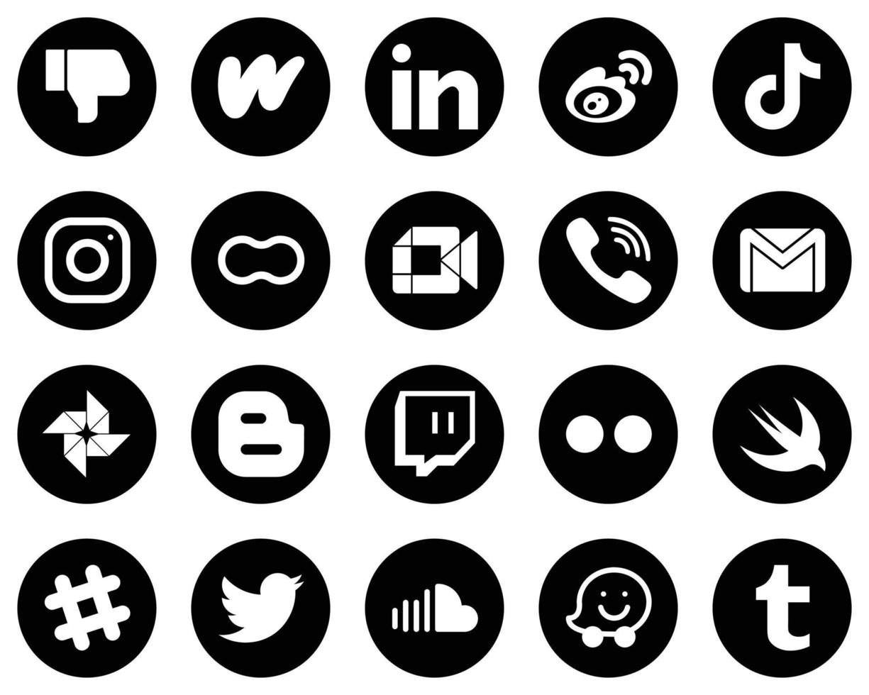 20 High-Definition White Social Media Icons on Black Background such as instagram. china and video icons. Professional and clean vector