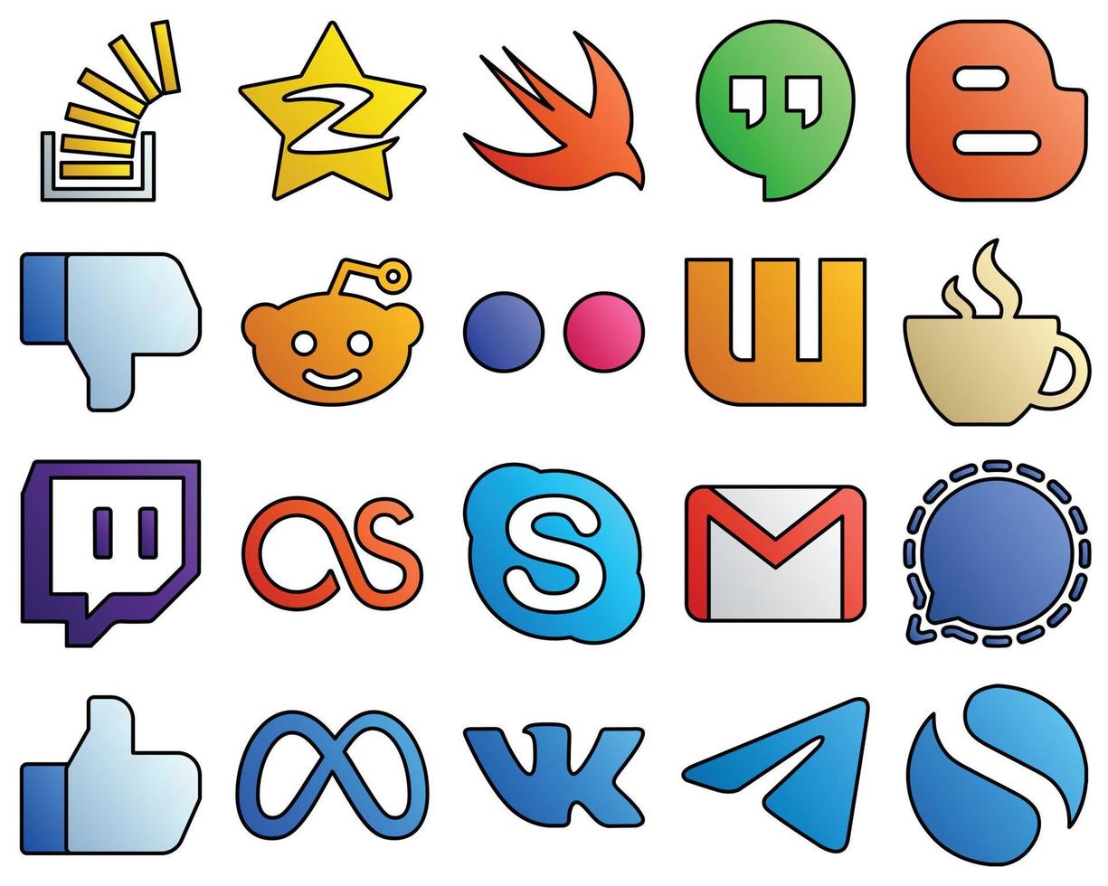 Filled Line Style Social Media Icons caffeine. yahoo. google hangouts. flickr and facebook 20 Editable icons vector