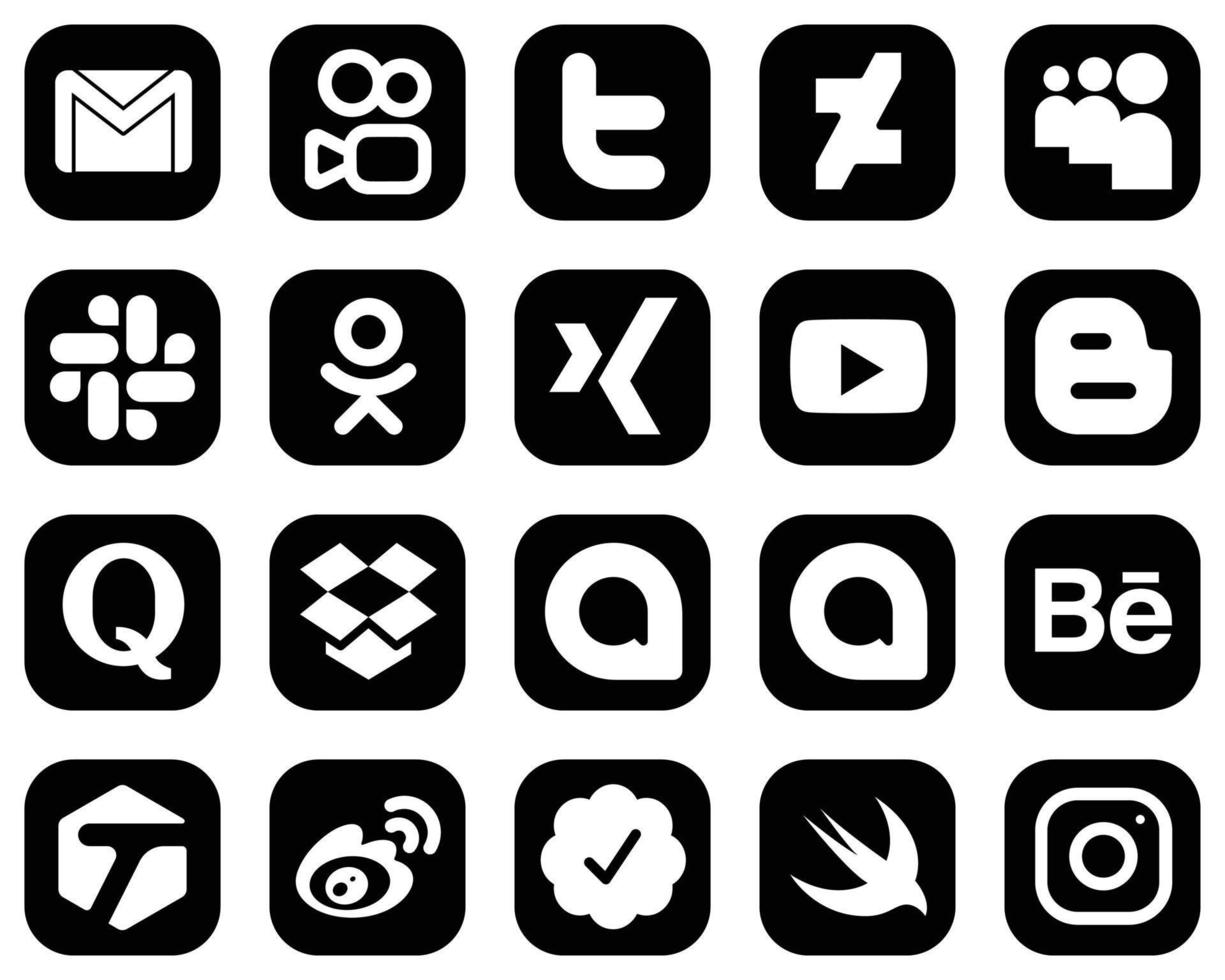 20 iconos innovadores de medios sociales blancos sobre fondo negro, como Dropbox. quora flojo. iconos de blog y video. único y de alta definición vector