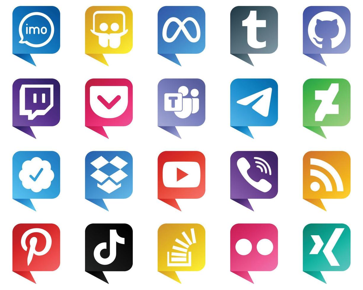 Chat bubble style Icons of Top Social Media 20 pack such as twitter verified badge. github. messenger and icons. Clean and professional vector