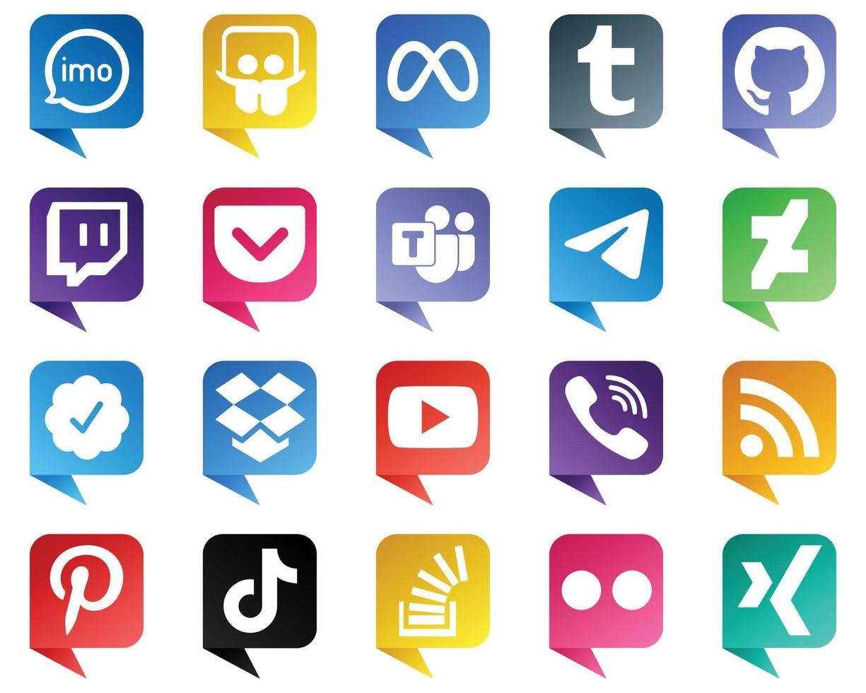 iconos de estilo de burbuja de chat del paquete de 20 de las principales redes sociales, como la insignia verificada de Twitter. github. mensajero e iconos. limpio y profesional vector