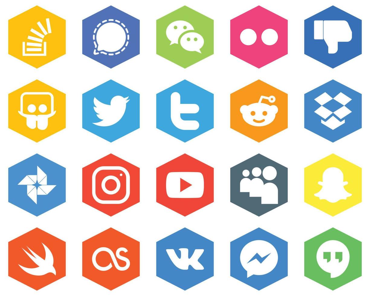 conjunto de iconos de color blanco plano hexagonal dropbox. Pío. Mensajero. twitter y facebook 20 iconos modernos vector