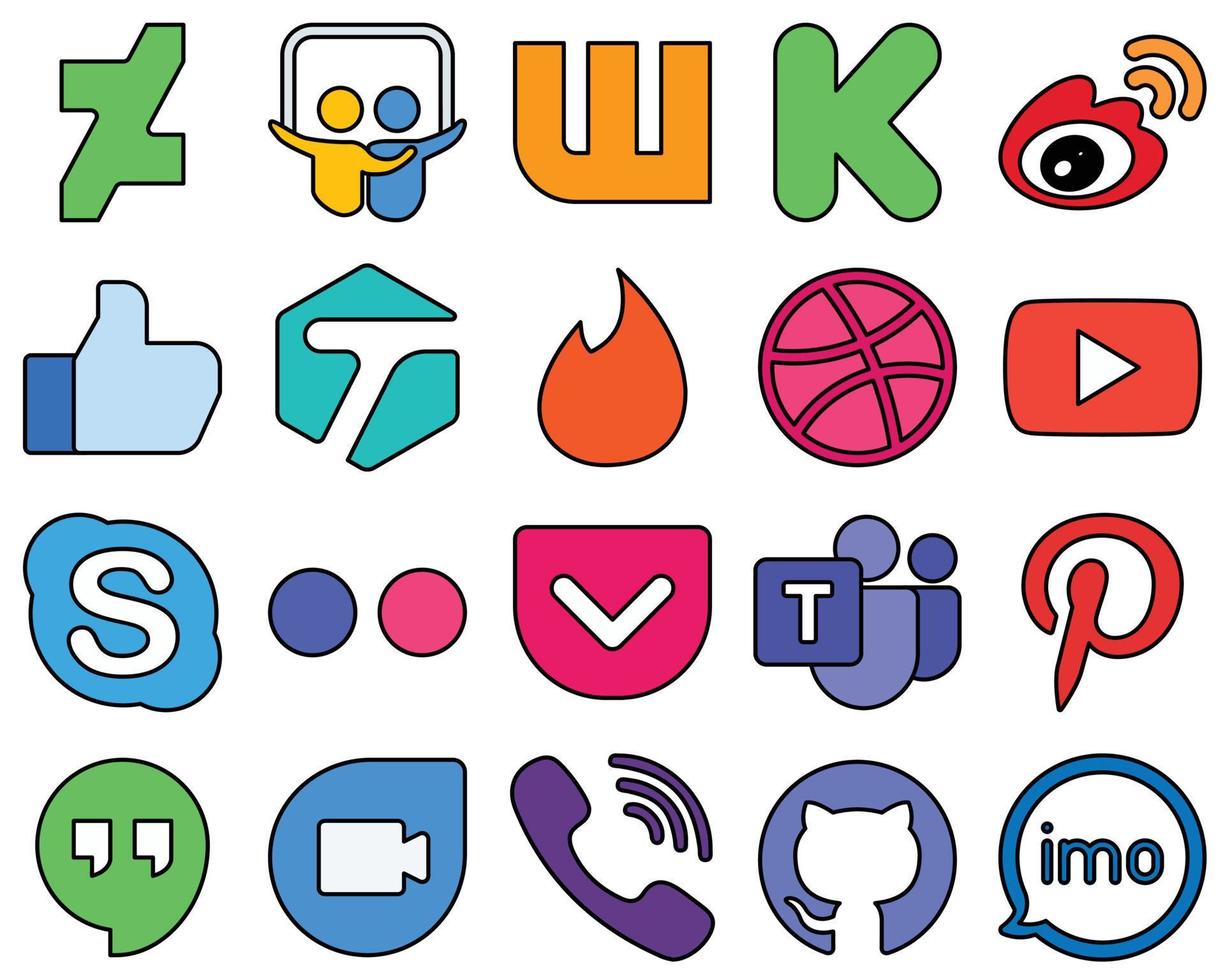 20 Modern Line Filled Social Media Icons such as chat. video. youtube and tinder Professional and elegant vector