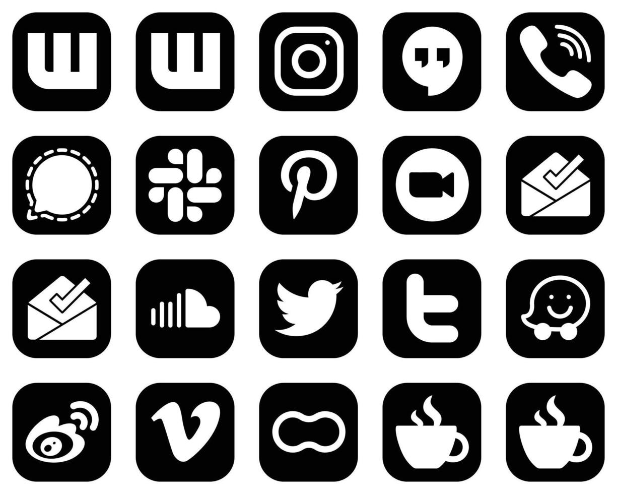 20 Elegant White Social Media Icons on Black Background such as inbox. meeting. signal. video and pinterest icons. Creative and eye-catching vector