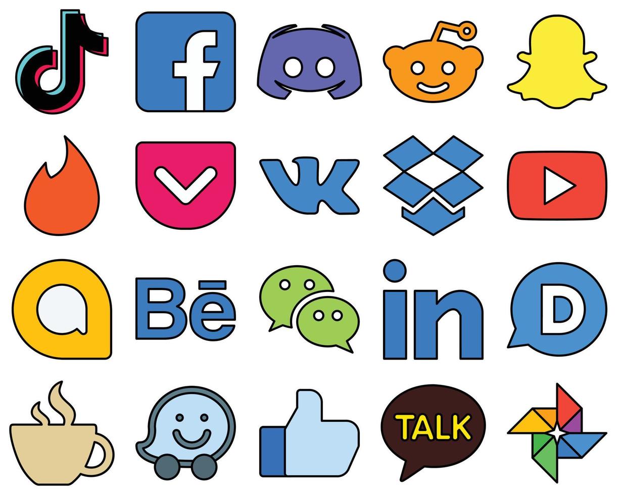 20 Professional-Grade Line Filled Social Media Icons such as dropbox. pocket. discord. tinder and reddit Fully editable and professional vector