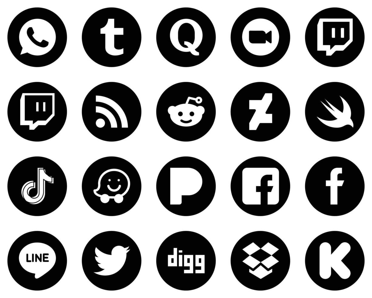 20 íconos versátiles de medios sociales blancos sobre fondo negro como China. douyin contracción nerviosa. iconos de tiktok y deviantart. llamativo y de alta definición vector