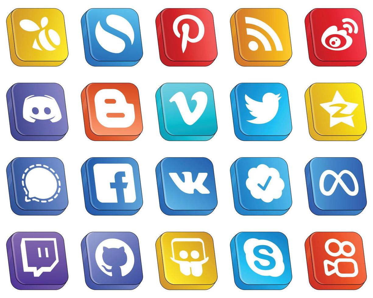 iconos 3d isométricos para los principales medios sociales 20 pack como twitter. vimeo blog e iconos. limpio y minimalista vector