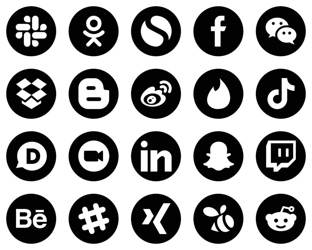 20 elegantes íconos blancos de redes sociales sobre fondo negro como douyin. Tinder. iconos de dropbox y sina. llamativo y editable vector