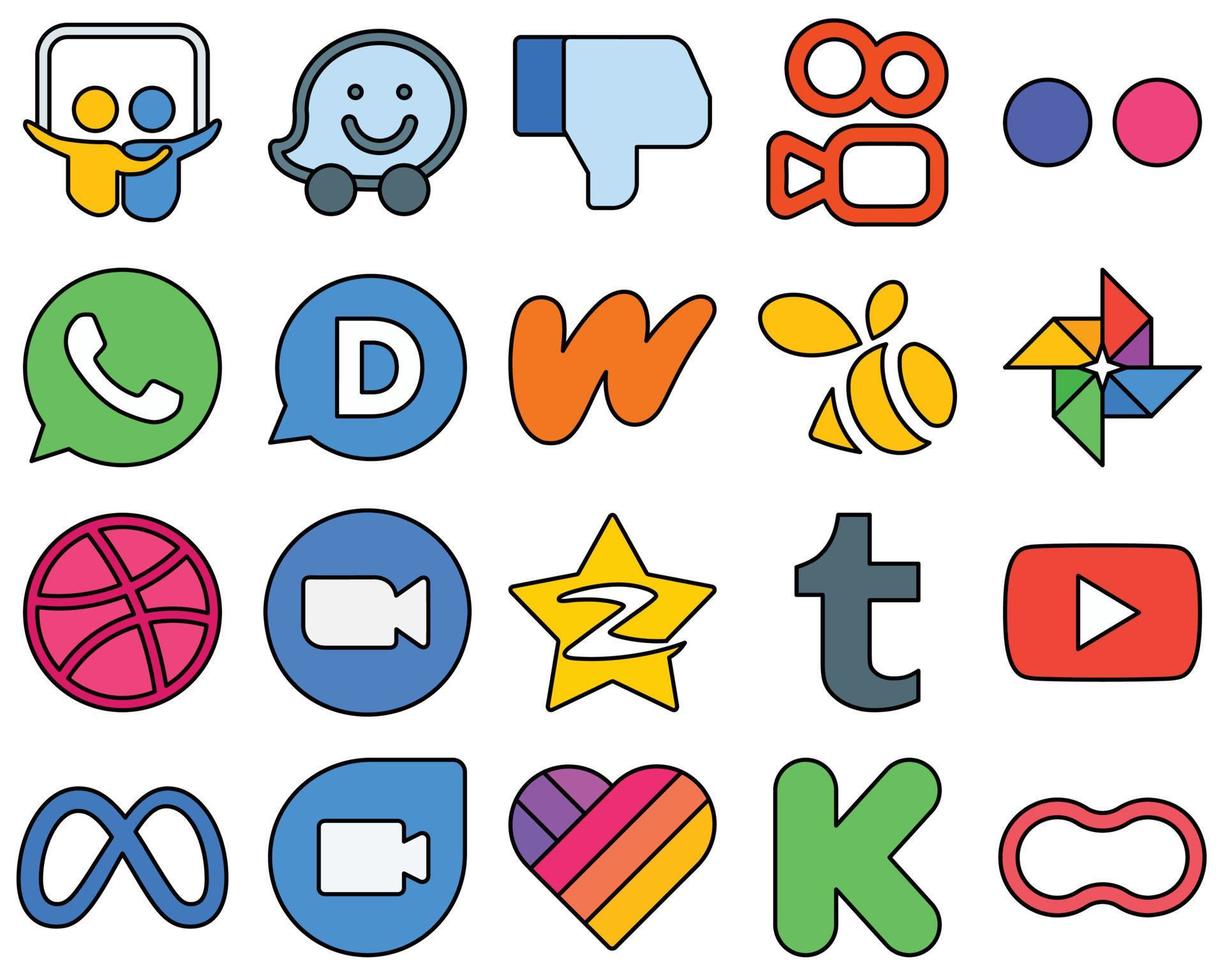 20 Professional Line Filled Social Media Icons such as video. disqus. zoom and google photo Customizable and unique vector