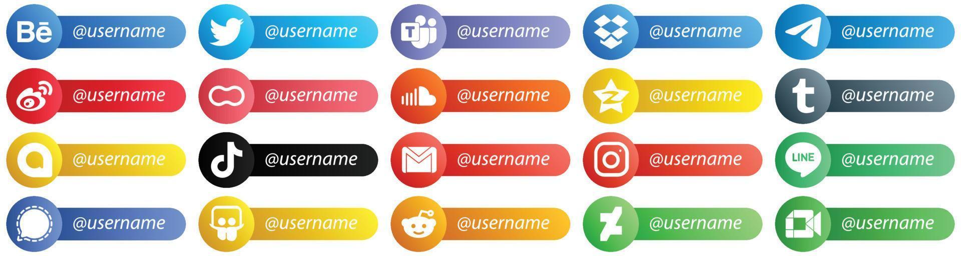 20 sígueme iconos de plataforma de red social con lugar para nombre de usuario como sonido. iconos de mujeres y madres. versátil y premium vector