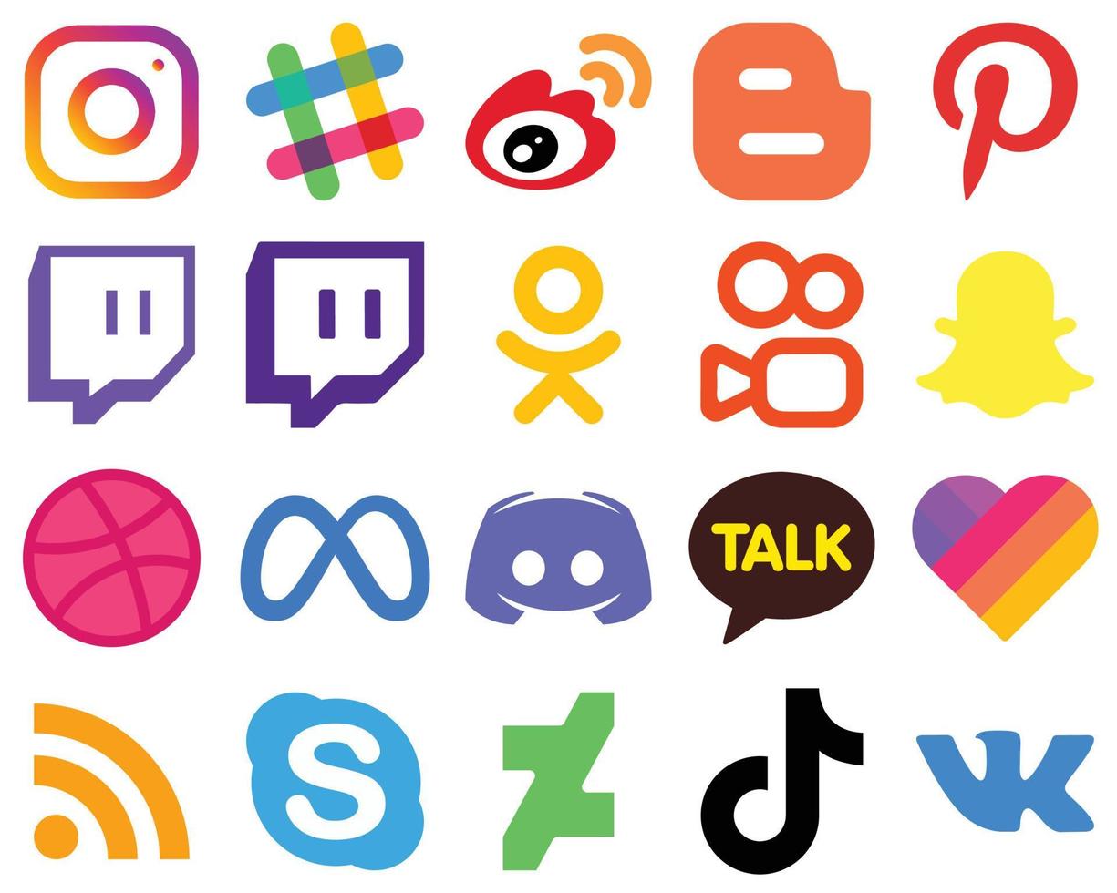 20 diseño de aplicaciones planas iconos de redes sociales planas facebook. regatear blogger iconos de snapchat y odnoklassniki. conjunto de iconos de degradado vector