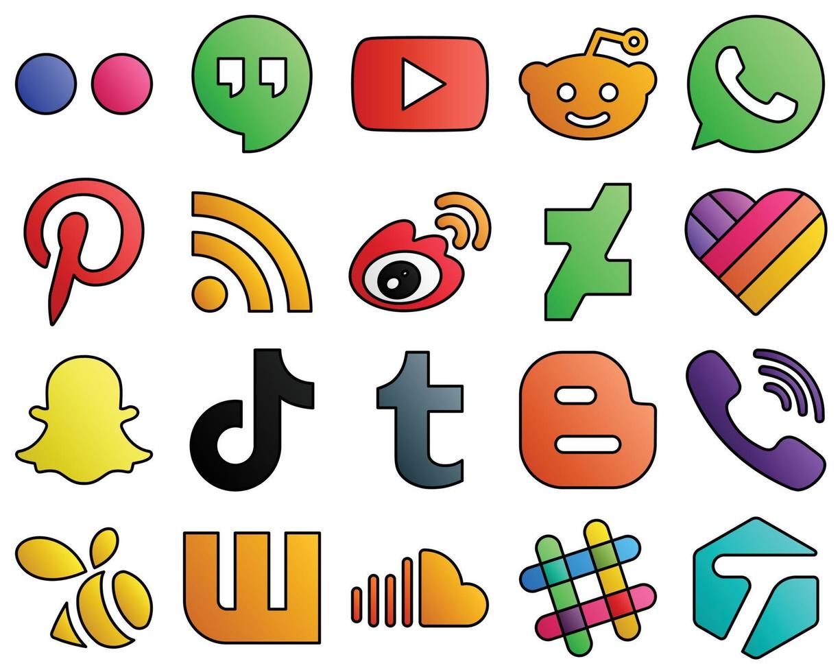 20 Unique icons tiktok. likee. rss. deviantart and china Filled Line Style Social Media Icon Set vector