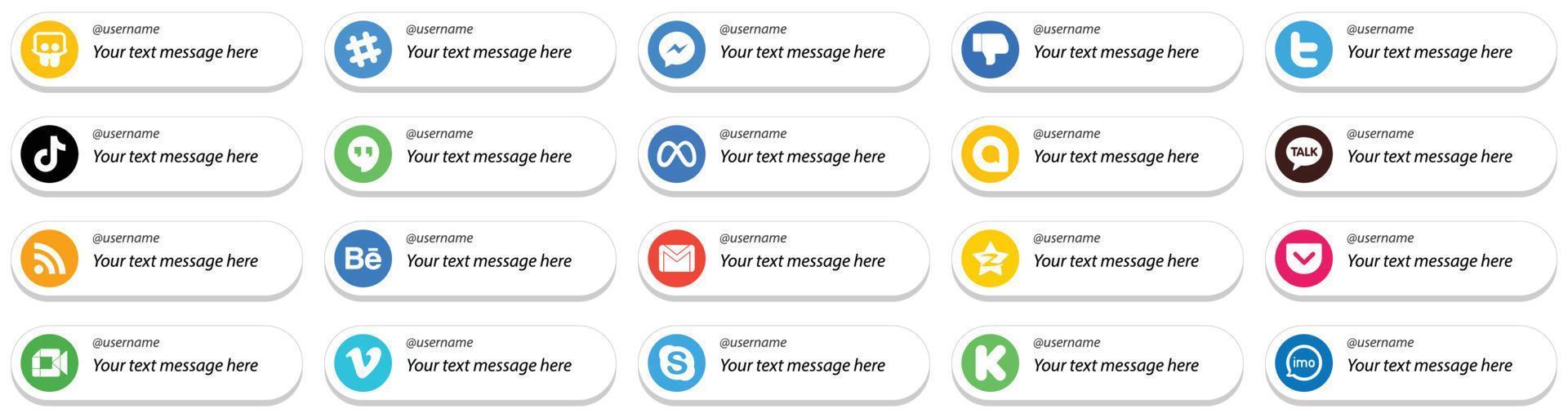 Card Style Social Media Follow Me Icons with Customizable Message 20 pack such as google allo. meta. tweet. google hangouts and china icons. High definition and unique vector