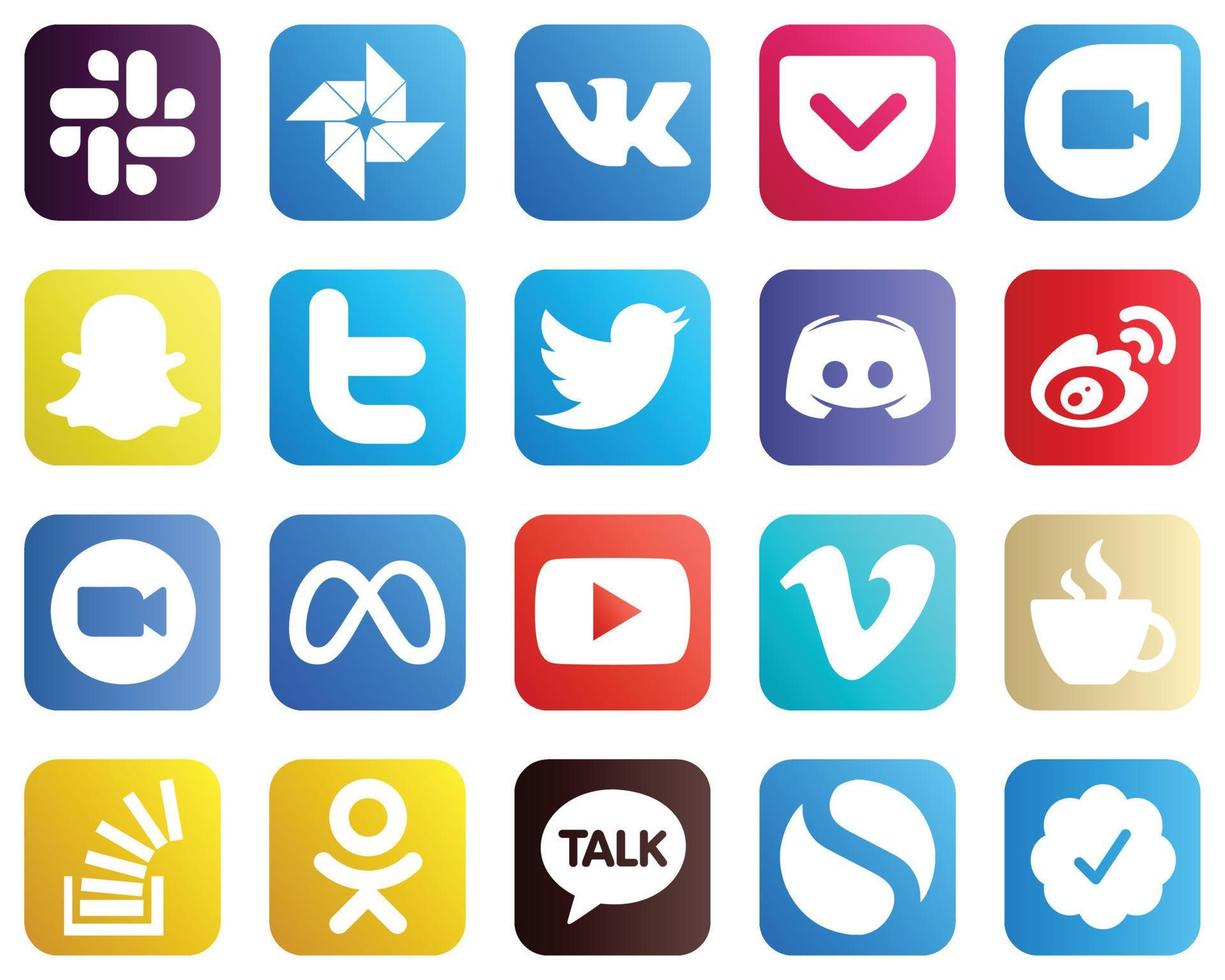 20 íconos de redes sociales de alta resolución como video. discordia. iconos de china y weibo. alta calidad y creativo vector