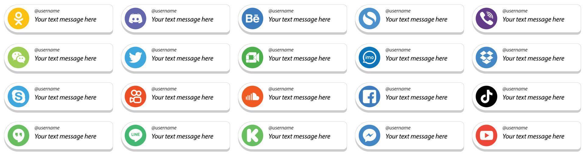 paquete de 20 íconos personalizables de redes sociales sígueme, como imo. video. Rakuten. iconos de google meet y twitter. alta calidad y minimalista vector