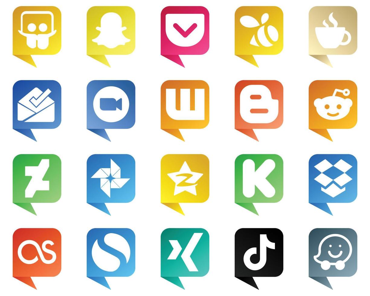 20 íconos de redes sociales estilo burbuja de chat para marcas populares como Google Photo. reddit. zoom. iconos de blog y wattpad. creativo y llamativo vector