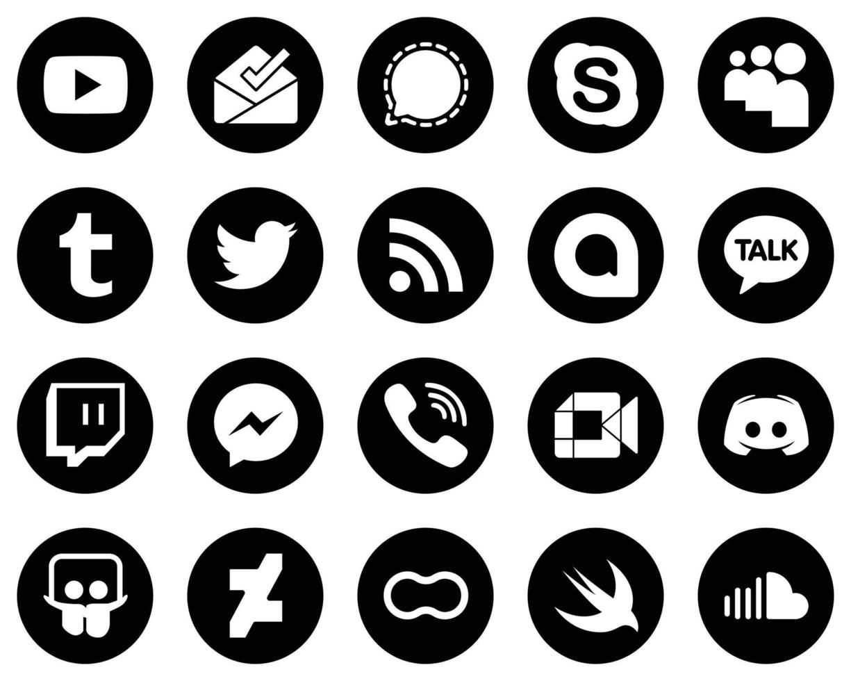 20 elegantes íconos de medios sociales blancos sobre fondo negro como messenger. charla kakao. mi espacio. Iconos de google allo y rss. moderno y de alta calidad vector