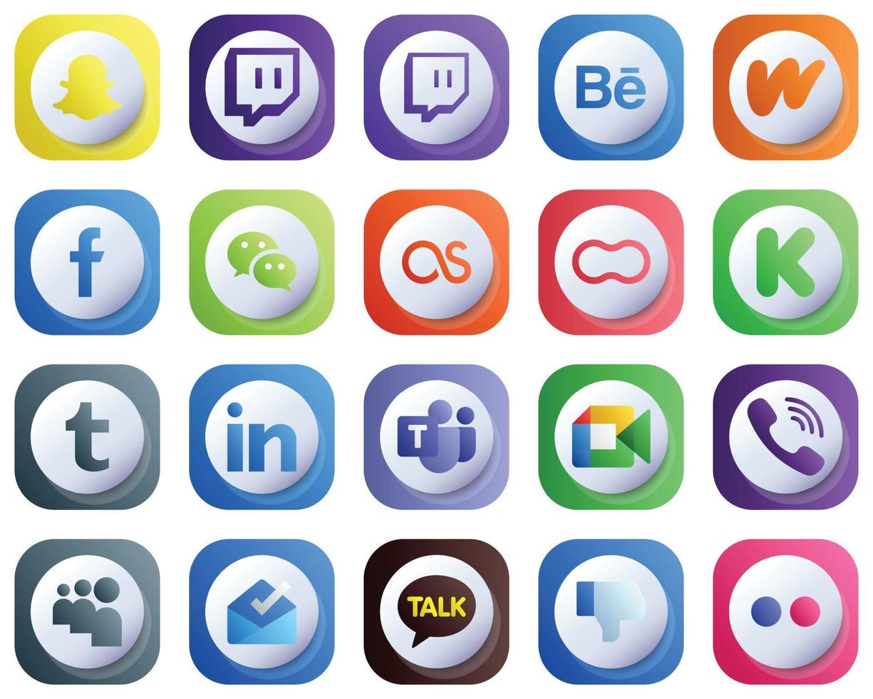 20 Cute 3D Gradient Social Media Icons for Popular Brands such as linkedin. funding. wechat. kickstarter and mothers icons. High-Quality and Elegant vector