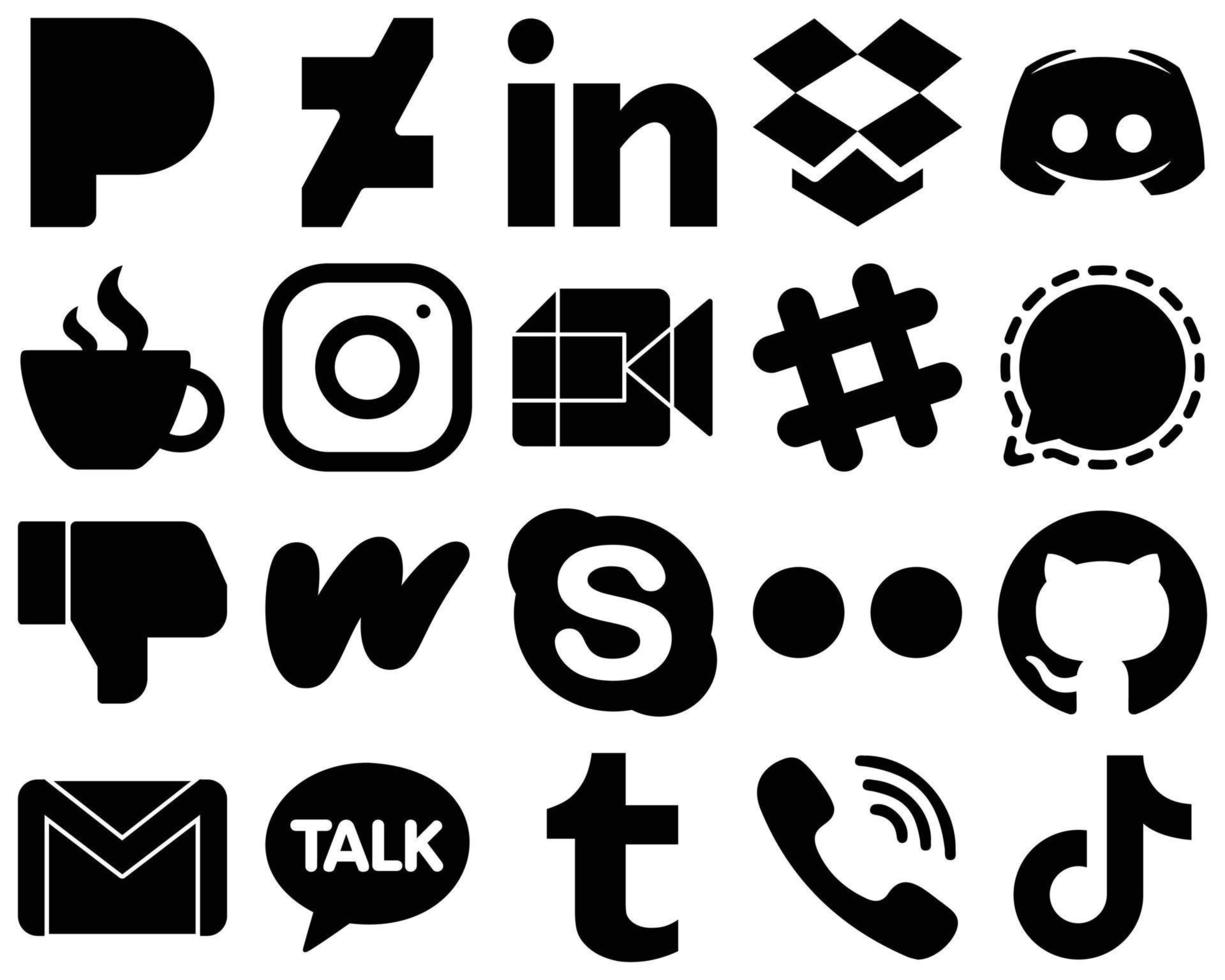 20 conjuntos de iconos de medios sociales de glifo negro de alta calidad, como iconos de Google Meet e Instagram. editable y de alta resolución vector