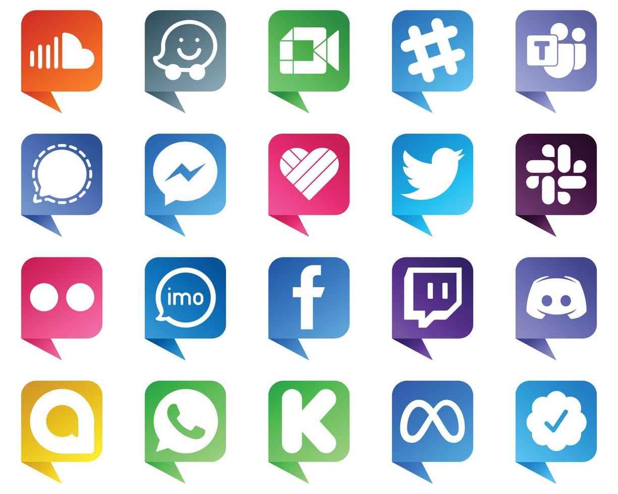 20 High Quality Chat bubble style Social Media Icons such as twitter. fb. microsoft team. facebook and icons. Professional and high definition vector