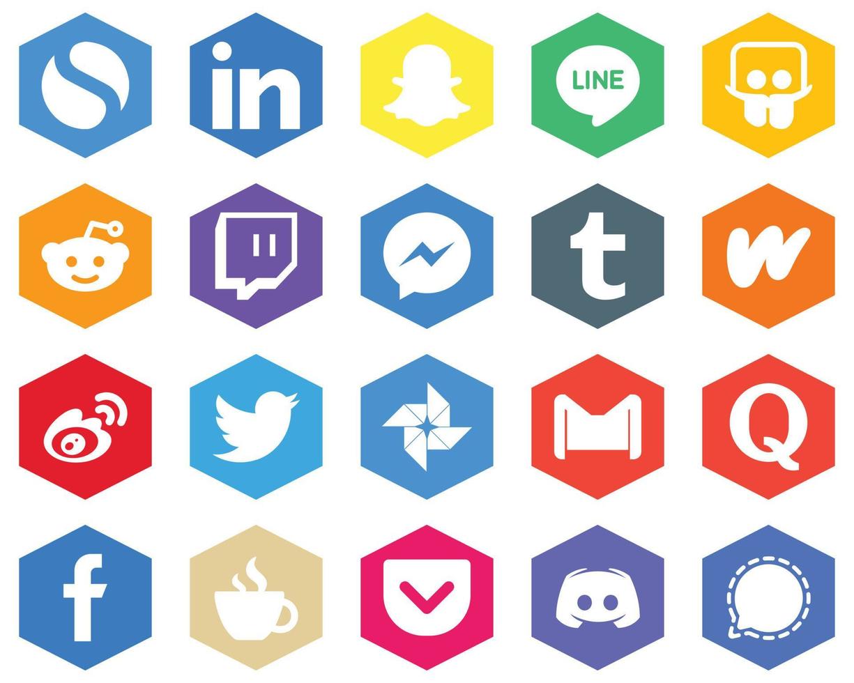 Hexagon Flat Color White Icon Collection sina. messenger. weibo and wattpad 20 High-quality Icons vector