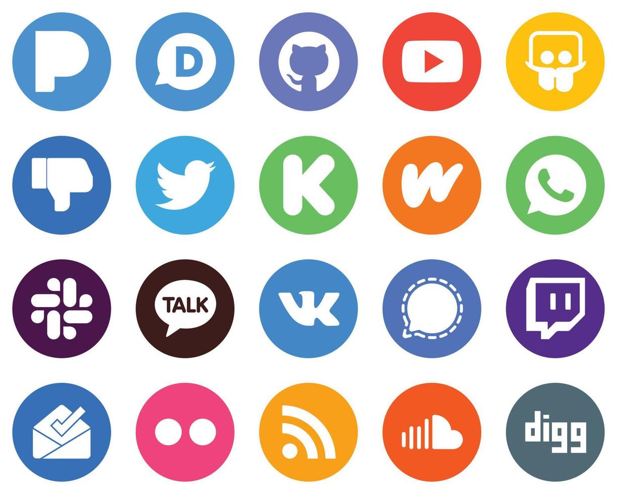 20 iconos blancos únicos vk. flojo. gorjeo. fondos de círculo plano de whatsapp y wattpad vector