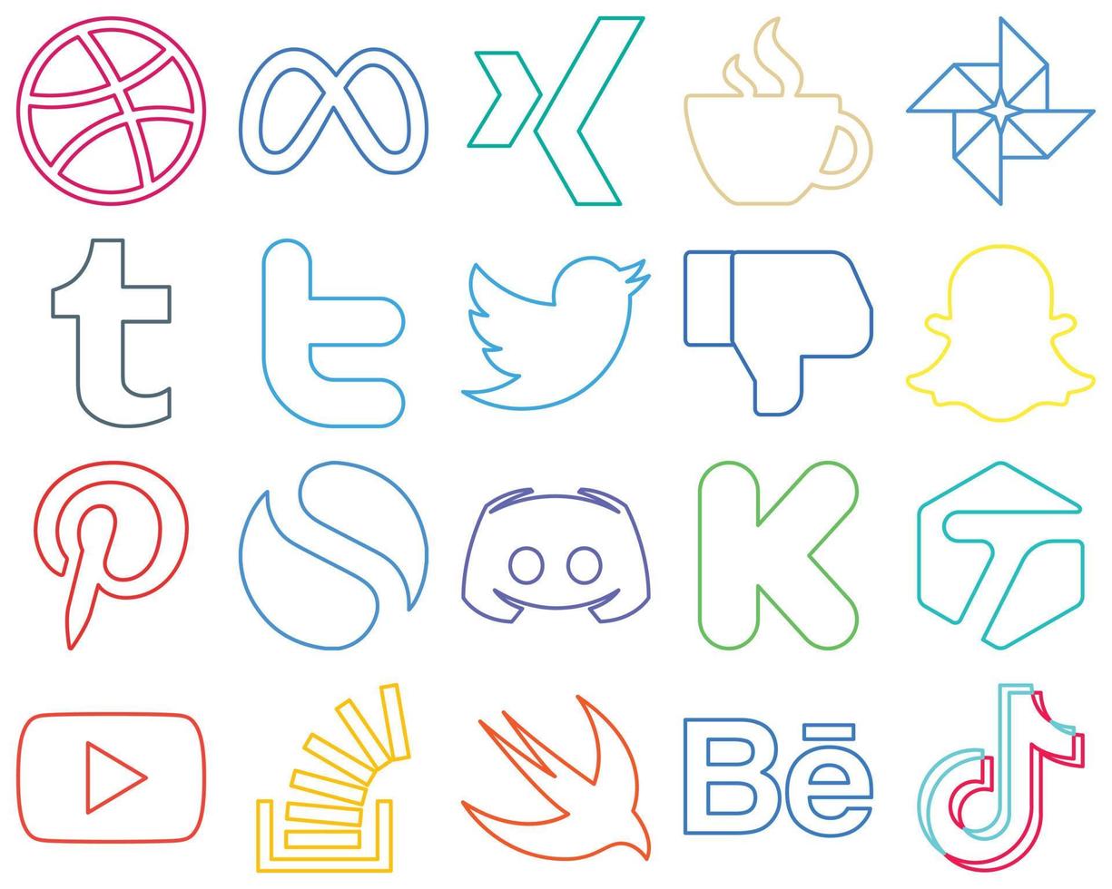 20 Fully Editable Colourful Outline Social Media Icons such as message. simple. tumblr. pinterest and facebook Unique and high-resolution vector