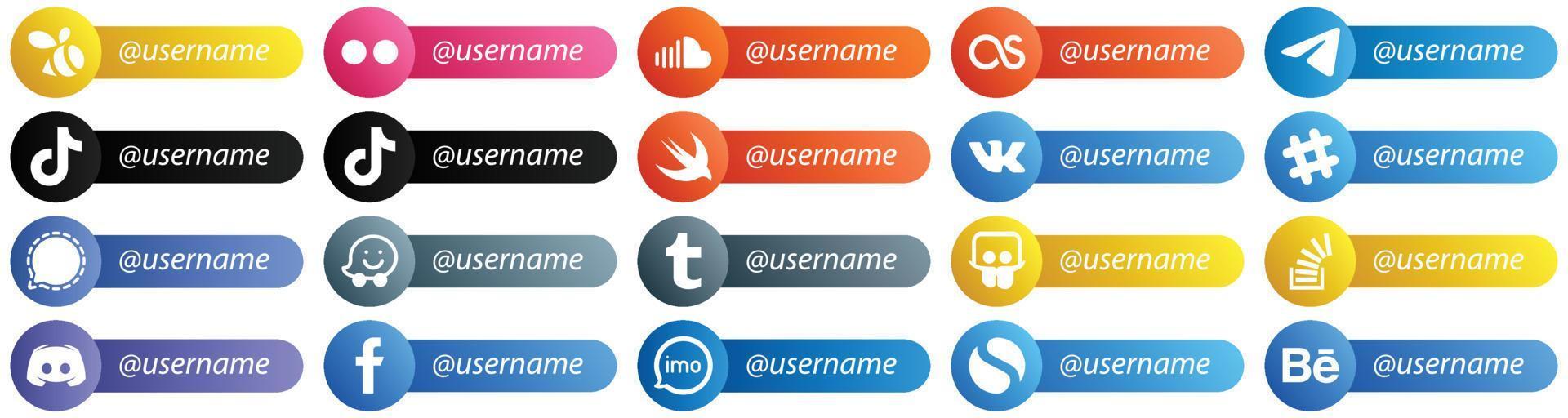 Card Style Follow Me Icons for Popular Social Media 20 pack such as spotify. swift. messenger and video icons. High definition and unique vector