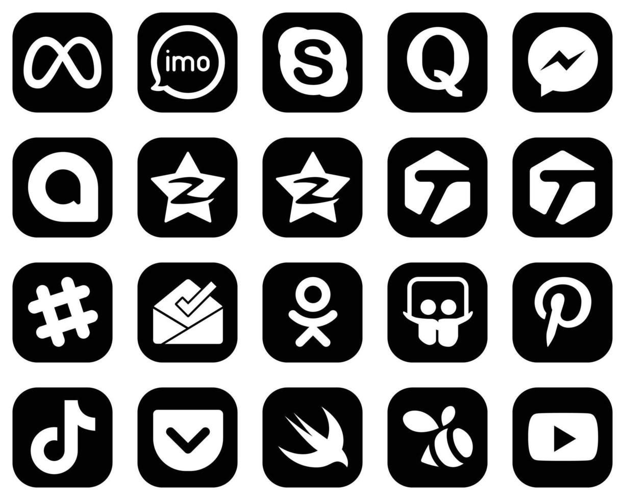 20 íconos versátiles de medios sociales blancos sobre fondo negro como etiquetados. tencent quora iconos qzone y fb. llamativo y de alta definición vector