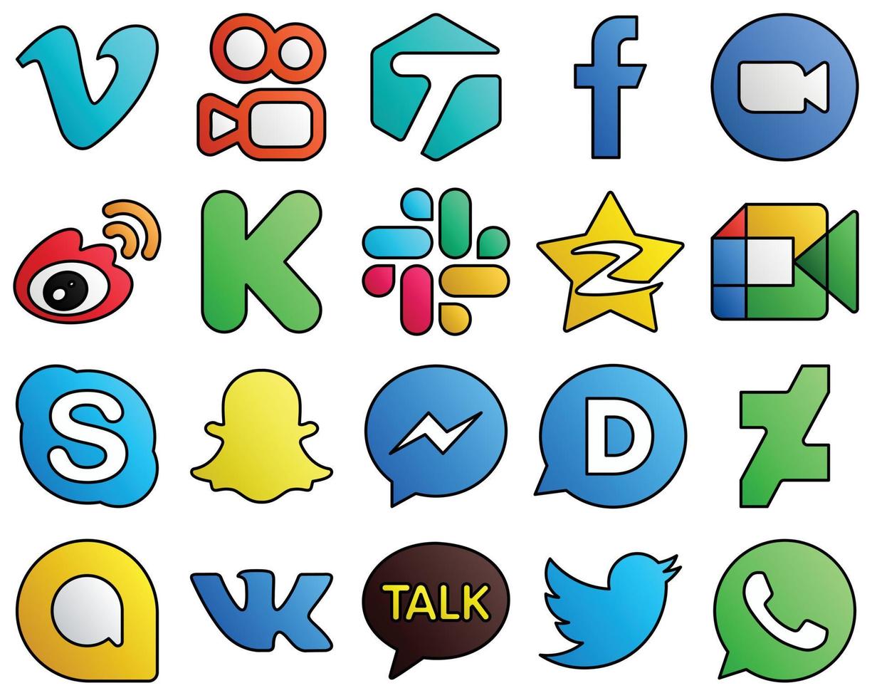 20 Modern Social Media Icons slack. kickstarter. video and sina Filled Line Style Icon Collection vector