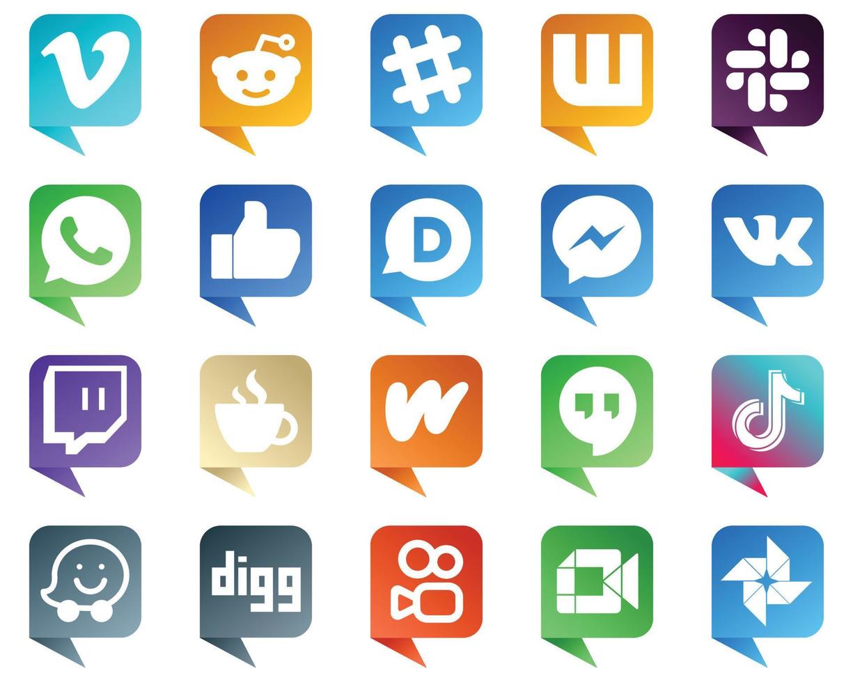 20 íconos de redes sociales estilo burbuja de chat para marcas populares como la cafeína. Facebook. iconos de contracción y fb. creativo y llamativo vector