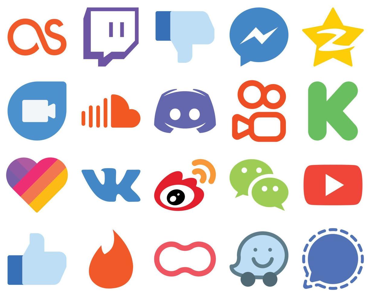 20 íconos planos de redes sociales para un mensaje de interfaz de usuario simplista. tencent iconos de discordia y sonido. conjunto de iconos de degradado simple vector
