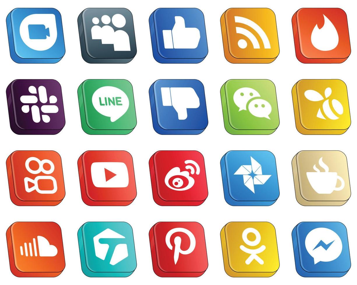 20 íconos isométricos de redes sociales en 3d para marcas populares como weibo. Youtube. línea. iconos de kuaishou y messenger. creativo y llamativo vector