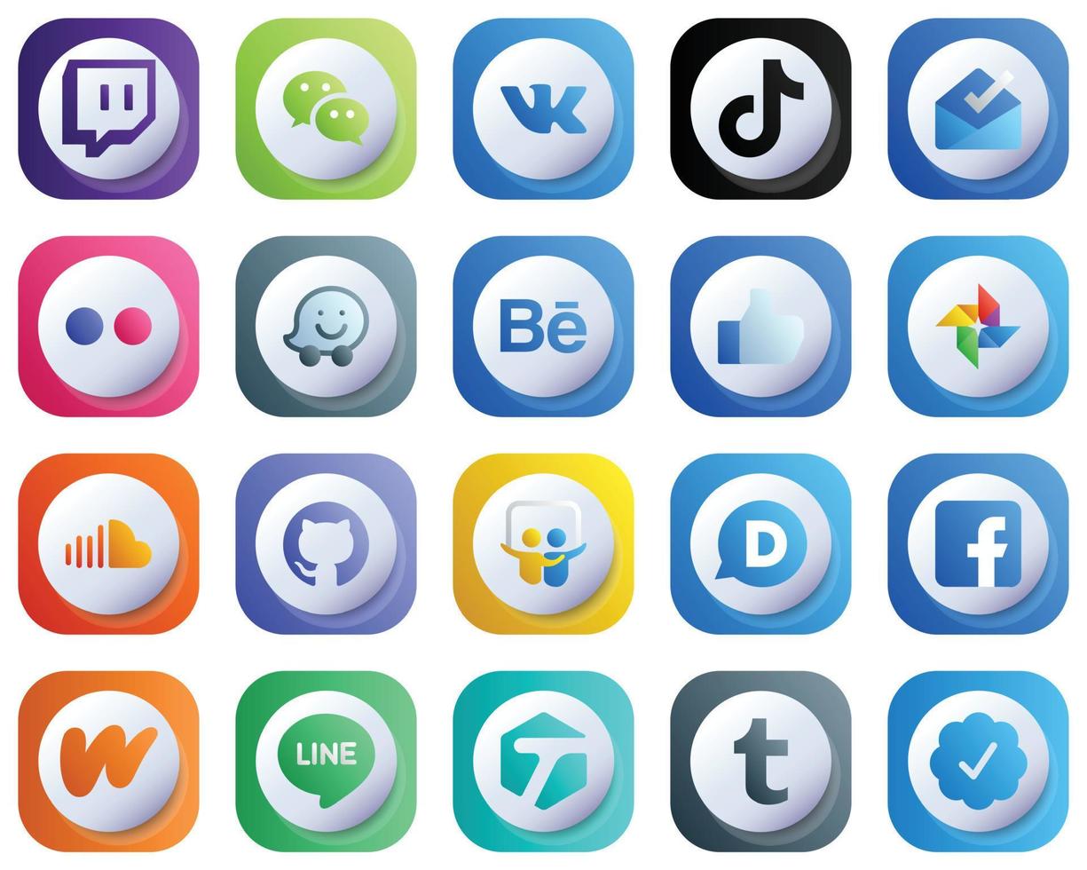 Cute 3D Gradient Social Media Brand Icons 20 pack such as soundcloud. facebook. like and waze icons. High-Definition and Professional vector