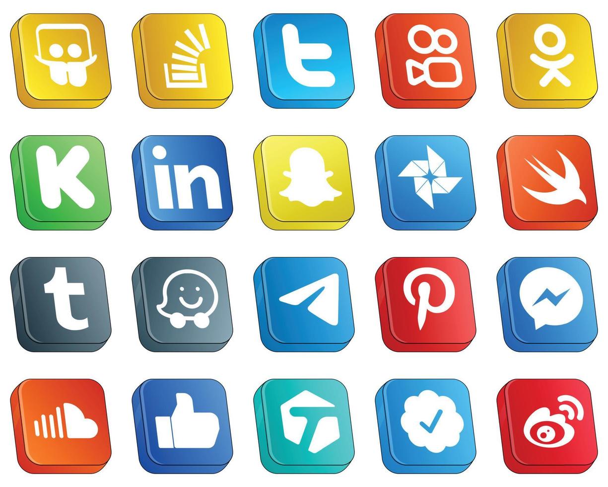 Isometric 3D Icons for Popular Social Media 20 pack such as waze. swift. odnoklassniki. google photo and professional icons. High-quality and modern vector