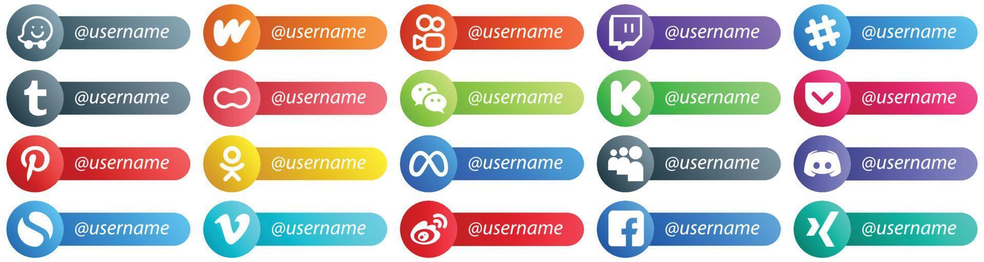 Follow me Social Network Platform Icons in Card Style 20 pack such as meta. pinterest. mothers. pocket and kickstarter icons. Clean and professional vector