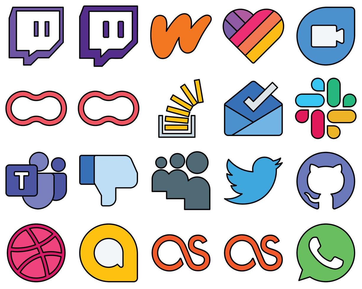 20 High-Definition Line Filled Social Media Icons such as facebook. stockoverflow. microsoft team and inbox High-quality and unique vector