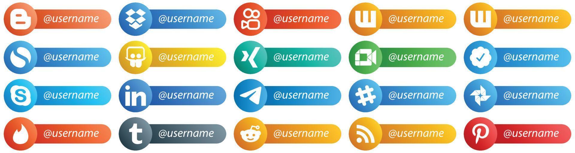 20 High Quality Card Style Follow Me Social Media Icons such as messenger. professional. google meet. linkedin and skype icons. Premium and high quality vector