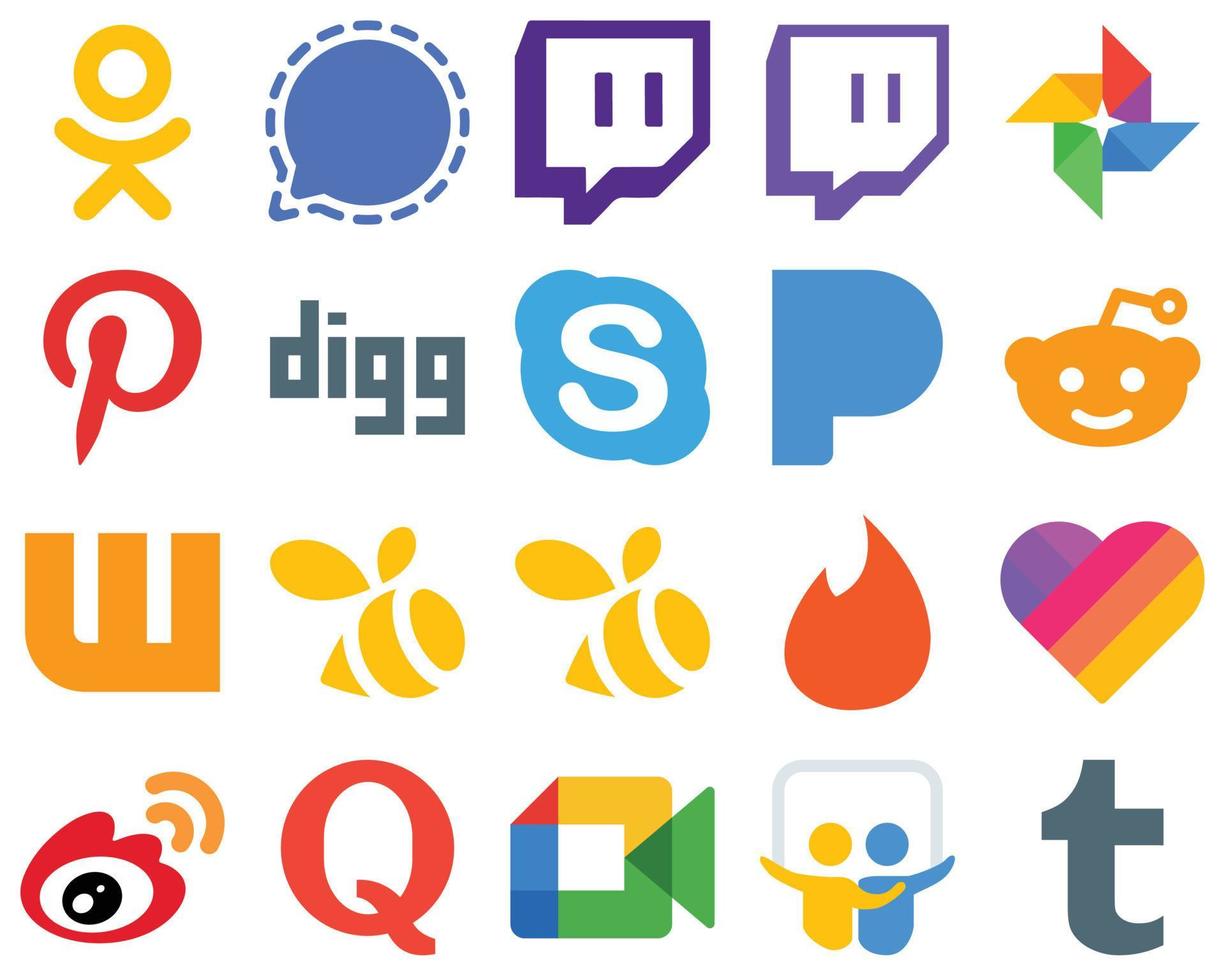 20 íconos planos de redes sociales para un diseño gráfico moderno sina. me gusta skype iconos de tinder y wattpad. conjunto de iconos de degradado de alta resolución vector