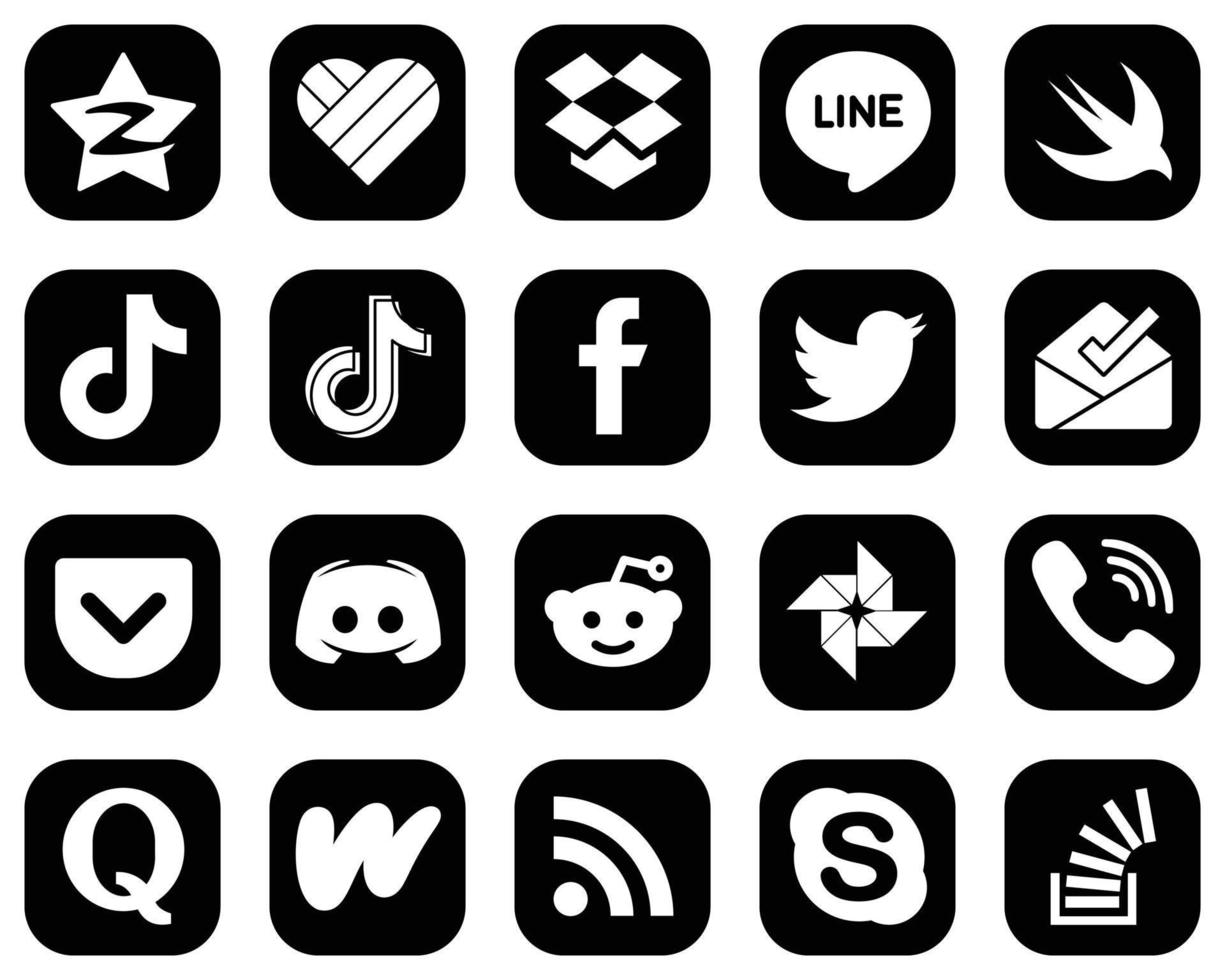 20 atractivos íconos blancos de redes sociales sobre fondo negro, como la bandeja de entrada. gorjeo. iconos de douyin y facebook. de alta calidad y creativo vector