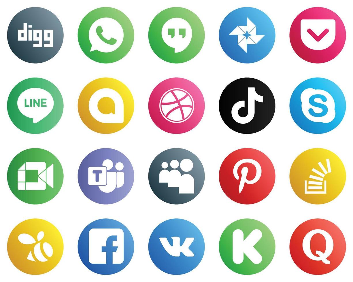 20 íconos únicos de redes sociales como Google Meet. iconos de tiktok y chat. creativo y de alta resolución vector