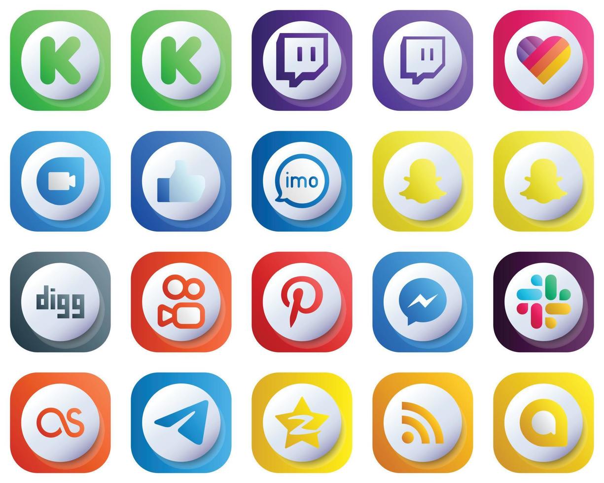 20 Cute 3D Gradient Minimalist Social Media Icons such as fb. messenger. audio. pinterest and digg icons. Professional and Unique vector