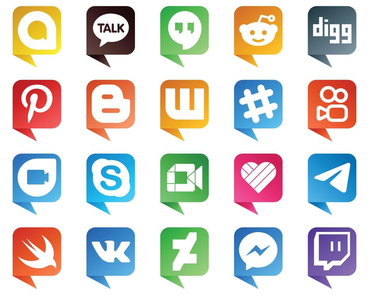 20 Chat bubble style Social Media Brand Icons such as likee. video. wattpad. google meet and skype icons. High definition and versatile vector