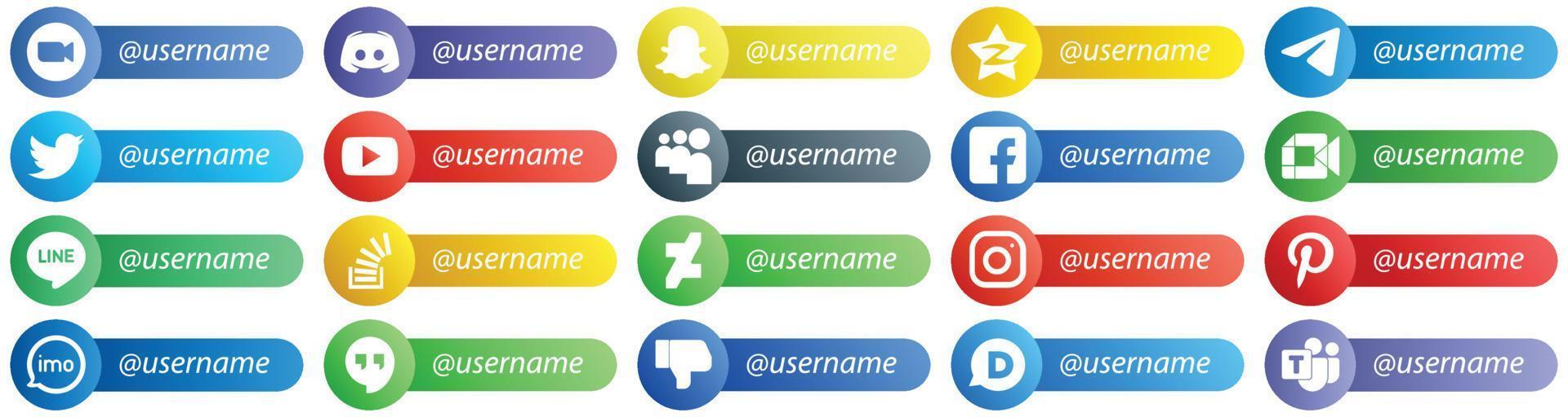 20 profesionales sígueme iconos de estilo de tarjeta de plataforma de red social como youtube. gorjeo. iconos de Snapchat y Telegram. único y de alta definición vector