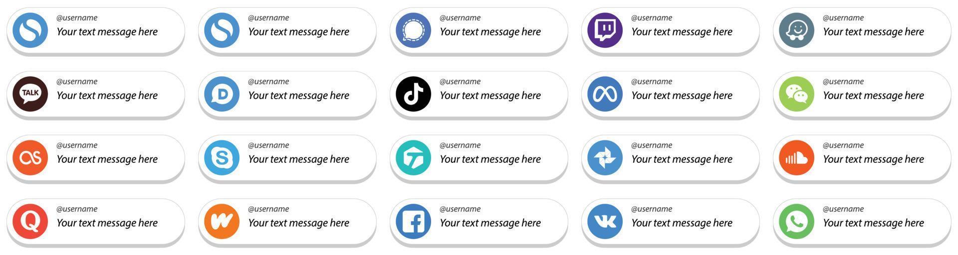 sígueme íconos de redes sociales con paquete de 20 mensajes personalizables como lastfm. wechat iconos de tiktok y facebook. limpio y minimalista vector